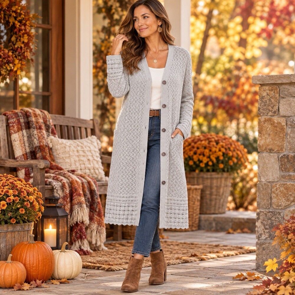 Sundance Duster Long Cardigan M Gray Pointelle Knit Shell Boho Coastal Cowgirl